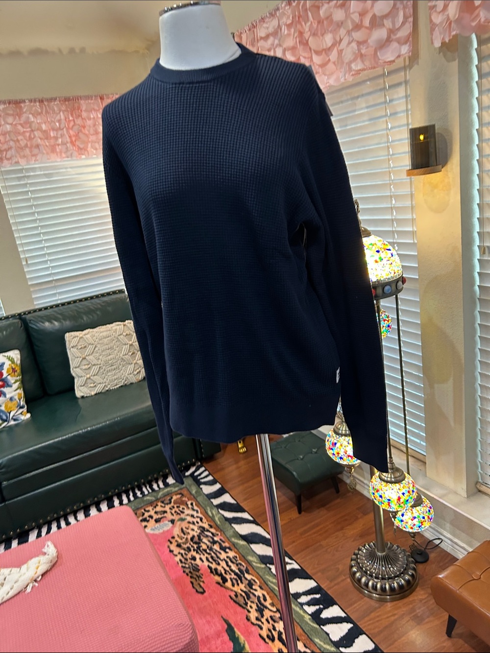 Men’s  Navy Crewneck Waffle-Knit Sweater